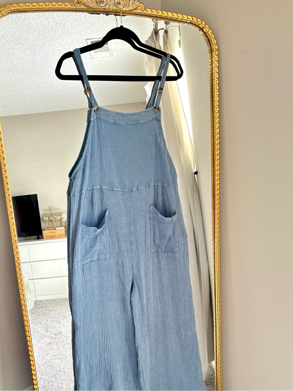 Light Blue Cotton Gauze Wide-Leg Overalls Jumpsuit